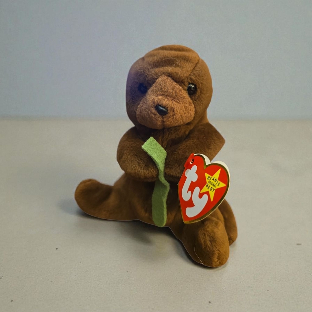 Ty Brown Otter Plush with Green Accent
